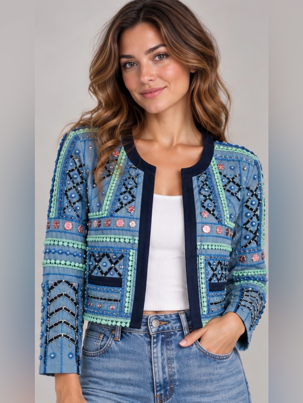 Vintage Simply Styled Sears Embellished Cropped Jacket Blue Small